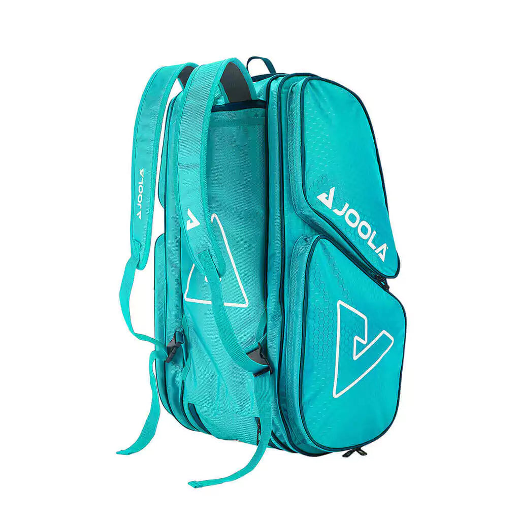 SPORT: PICKLEBALL. Shop Pickleball Paddles and Rackets at "iam-Pickleball.com" a division of "iamracketsports.com". 2023 Joola Tour Elite Pickleball Duffle/Backpack Bag in Turquoise and Teal. Back of bag.