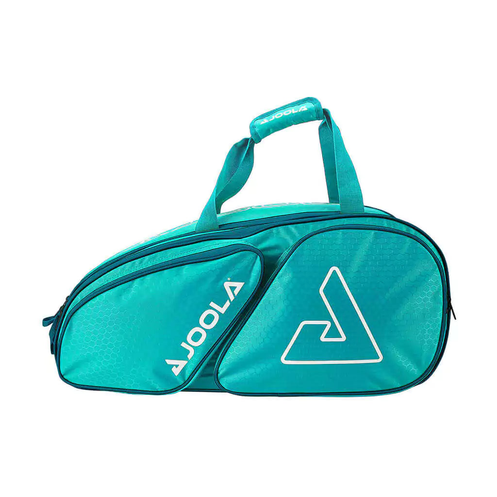 SPORT: PICKLEBALL. Shop Pickleball Paddles and Rackets at "iam-Pickleball.com" a division of "iamracketsports.com". 2023 Joola Tour Elite Pickleball Duffle/Backpack Bag in Turquoise and Teal. Bag in horizontal orientation.
