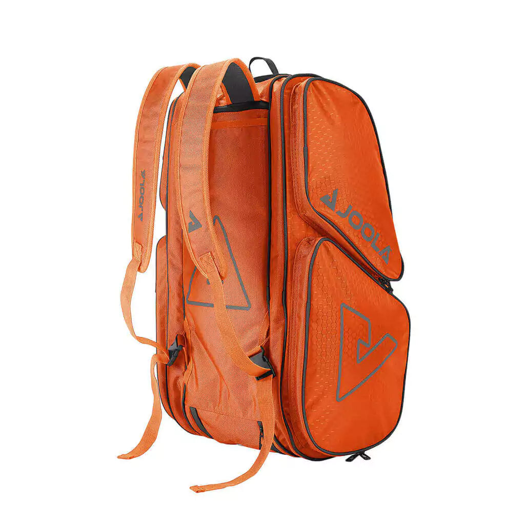 SPORT: PICKLEBALL. Shop Pickleball Paddles and Rackets at "iam-Pickleball.com" a division of "iamracketsports.com". 2023 Joola Tour Elite Pickleball Duffle/Backpack Bag in Orange and Gray. Back of bag.