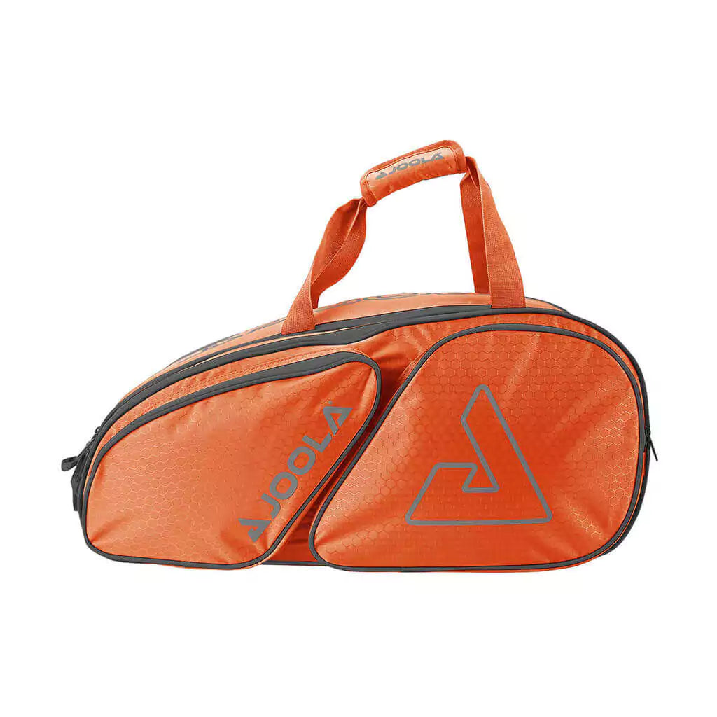 SPORT: PICKLEBALL. Shop Pickleball Paddles and Rackets at "iam-Pickleball.com" a division of "iamracketsports.com". 2023 Joola Tour Elite Pickleball Duffle/Backpack Bag in Orange and Gray. Bag in horizontal orientation.