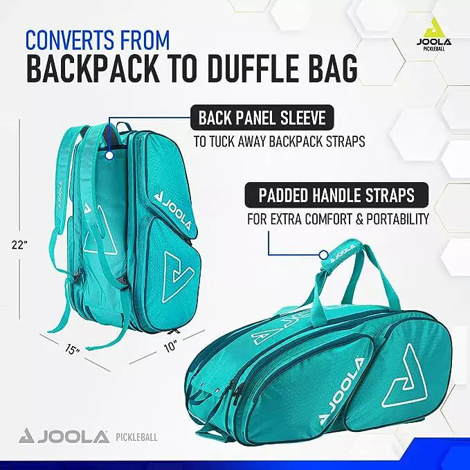 SPORT: PICKLEBALL. Shop Pickleball Paddles and Rackets at "iam-Pickleball.com" a division of "iamracketsports.com". 2023 Joola Tour Elite Pickleball Duffle/Backpack Bag in Turquoise and Teal inforgraphic.