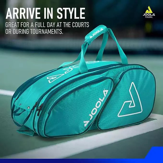 SPORT: PICKLEBALL. Shop Pickleball Paddles and Rackets at "iam-Pickleball.com" a division of "iamracketsports.com". 2023 Joola Tour Elite Pickleball Duffle/Backpack Bag in Turquoise and Teal inforgraphic.