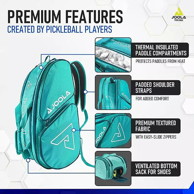 SPORT: PICKLEBALL. Shop Pickleball Paddles and Rackets at "iam-Pickleball.com" a division of "iamracketsports.com". 2023 Joola Tour Elite Pickleball Duffle/Backpack Bag in Turquoise and Teal inforgraphic.