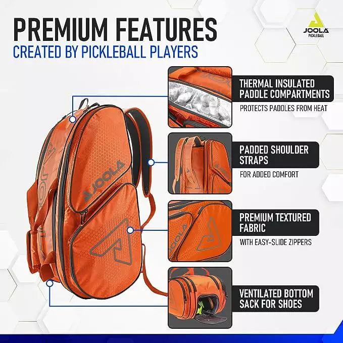 SPORT: PICKLEBALL. Shop Pickleball Paddles and Rackets at "iam-Pickleball.com" a division of "iamracketsports.com". 2023 Joola Tour Elite Pickleball Duffle/Backpack Bag in Orange and Gray inforgraphic.
