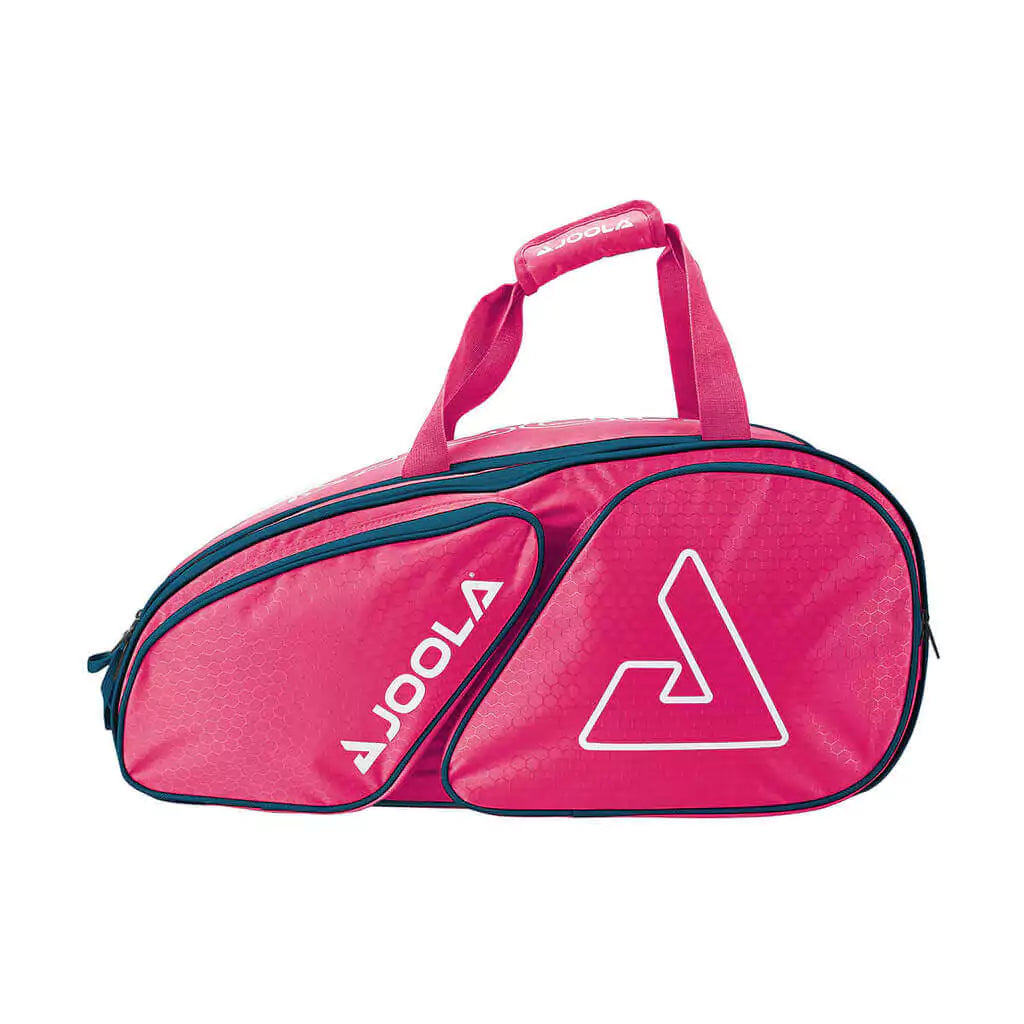 SPORT: PICKLEBALL. Shop Pickleball Paddles and Rackets at "iam-Pickleball.com" a division of "iamracketsports.com". 2023 Joola Tour Elite Pro Pickleball Duffle/Backpack Bag in Hot Pink and Blue. Bag in horizontal orientation.