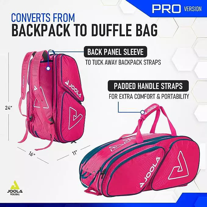 SPORT: PICKLEBALL. Shop Pickleball Paddles and Rackets at "iam-Pickleball.com" a division of "iamracketsports.com". 2023 Joola Tour Elite ProPickleball Duffle/Backpack Bag in Hot Pink and Blue inforgraphic.