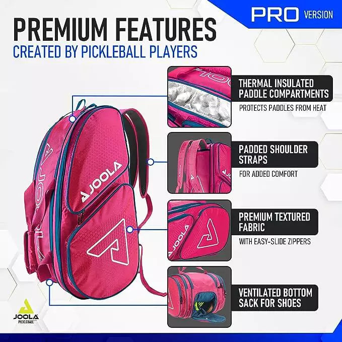 SPORT: PICKLEBALL. Shop Pickleball Paddles and Rackets at "iam-Pickleball.com" a division of "iamracketsports.com". 2023 Joola Tour Elite ProPickleball Duffle/Backpack Bag in Hot Pink and Blue inforgraphic.