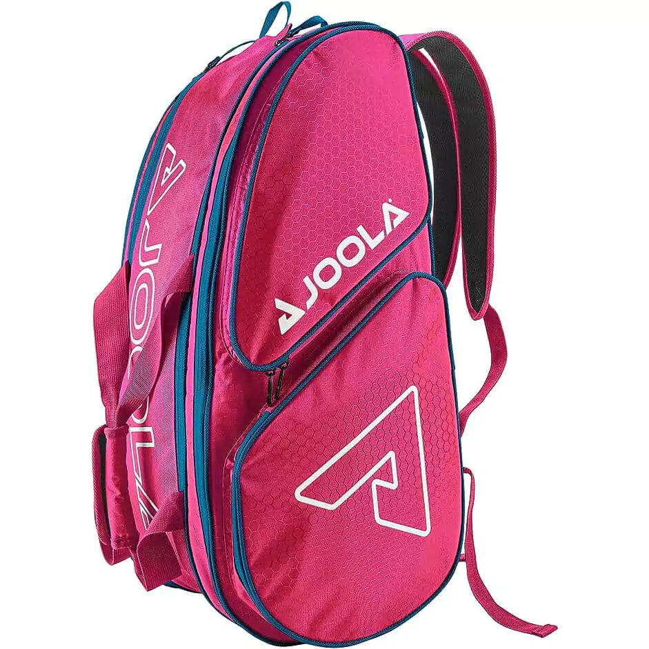 SPORT: PICKLEBALL. Shop Pickleball Paddles and Rackets at "iam-Pickleball.com" a division of "iamracketsports.com". 2023 Joola Tour Elite Pro Pickleball Duffle/Backpack Bag in Hot Pink and Blue. Bag in vertical orientation.