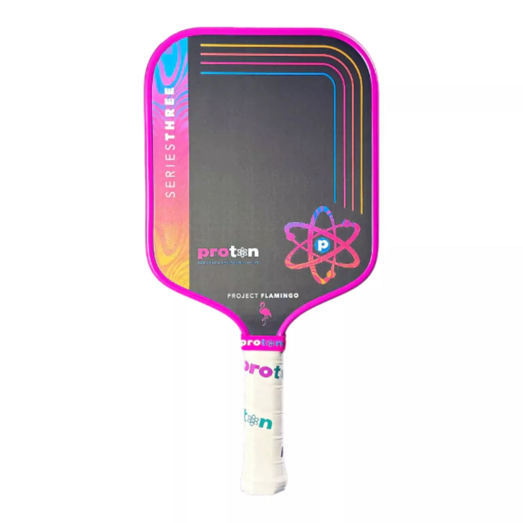 A Proton Series Three - Project Flamingo Widebody (Square) 13 mm Pickleball Paddle with pink edge guard, available from IamRacketsports.com, online and in-store, Miami USA, worldwide shipping.