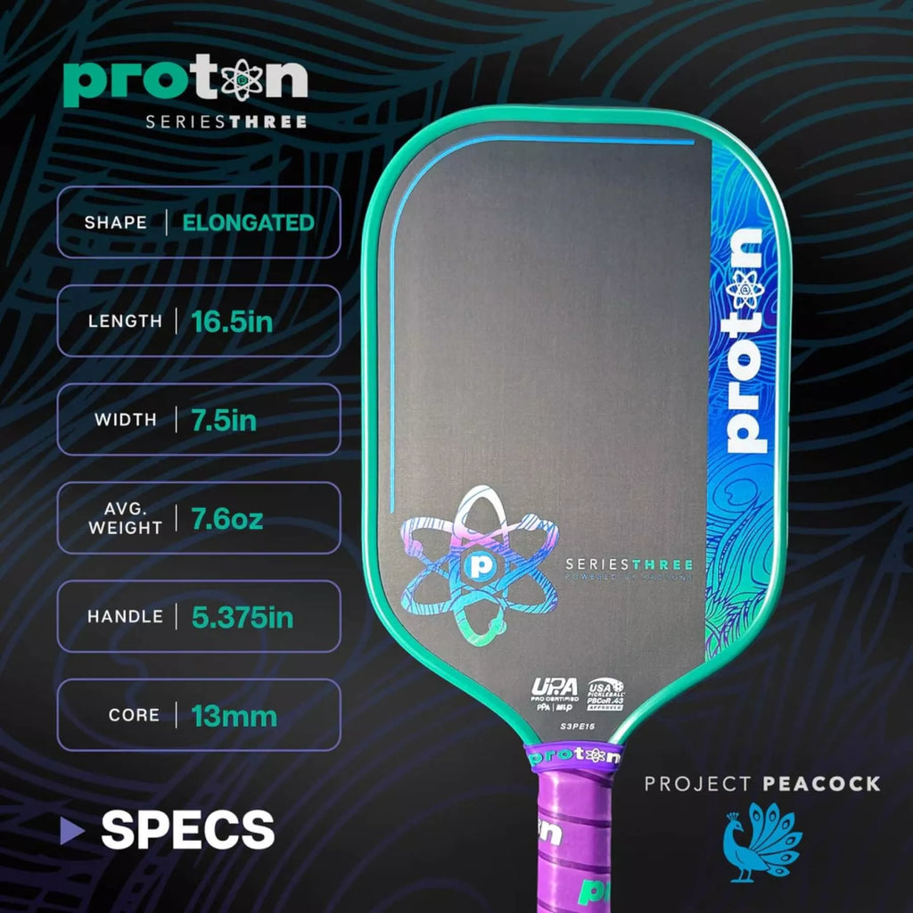 Specifcations infographic for the Proton Series Three - Project Peacock Elongated 15mm Pickleball Paddle,  available from Iam-pickleball.com, online and in-store, Miami USA, worldwide shipping.