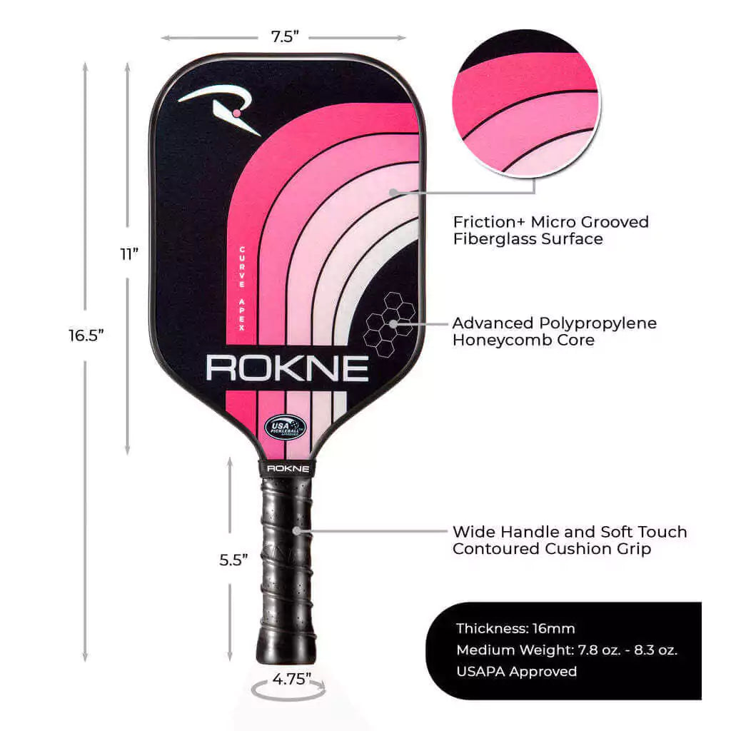 SPORT: PICKLEBALL. Shop Rokne Pickleball at iambeachtennis maimi Racket and Paddle Sports store. Racket model is a 2023 Rokne Curve Apex BUBBLEGUM Pickleball Paddle/racket for beginner and intermediate players. Vertical view of Racquet/Paleta with paddle specifications.