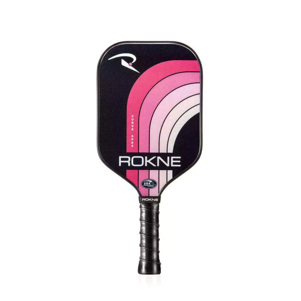 SPORT: PICKLEBALL. Shop Rokne Pickleball at USA premier Racket and Paddle Sports store, "iamracketsports". Racket model is a 2023 Rokne Curve Apex BUBBLEGUM Pickleball Paddle/racket for beginner and intermediate players. Racquet/Paleta is in vertical orientation.