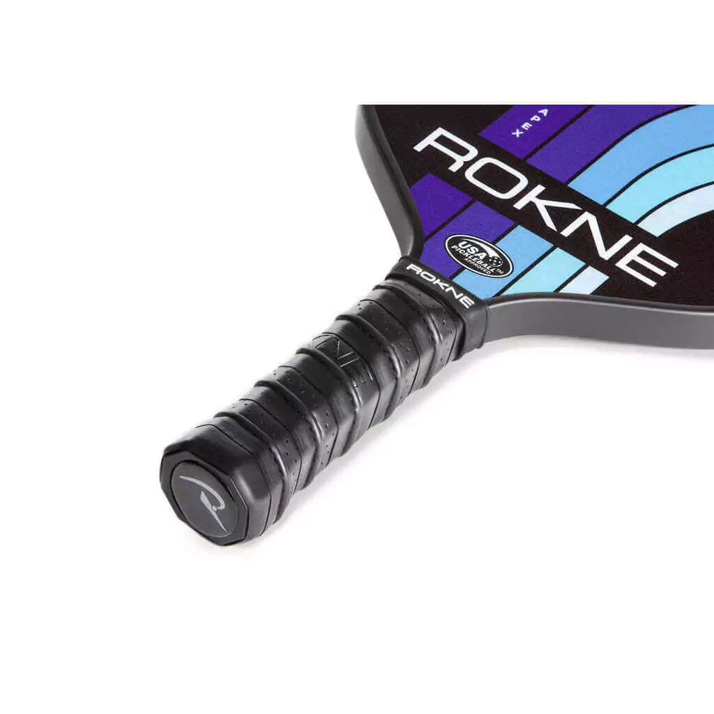 SPORT: PICKLEBALL. Shop Rokne Pickleball at iambeachtennis maimi Racket and Paddle Sports store. Racket model is a 2023 Rokne Curve Apex DEEP SEA Pickleball Paddle/racket for beginner and intermediate players. Neck view of Racquet/Paleta.
