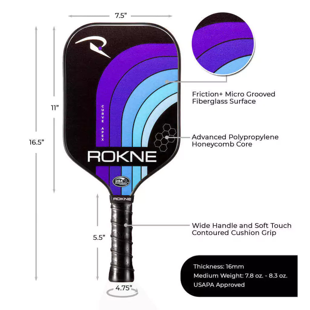 SPORT: PICKLEBALL. Shop Rokne Pickleball at iambeachtennis maimi Racket and Paddle Sports store. Racket model is a 2023 Rokne Curve Apex DEEP SEA Pickleball Paddle/racket for beginner and intermediate players. Vertical view of Racquet/Paleta with paddle specifications.
