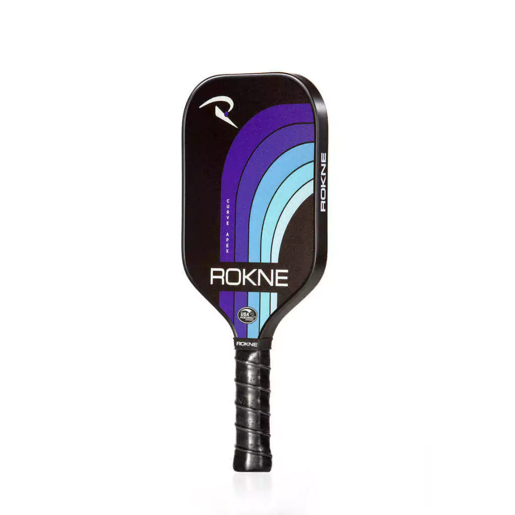 SPORT: PICKLEBALL. Shop Pickleball Paddles and Rackets at "iam-Pickleball.com" a division of "iamracketsports.com". Racket model is a 2023 Rokne Curve Apex DEEP SEA  Pickleball Paddle/racket for beginner and intermediate players. Racquet/Paleta is in side vertical orientation.