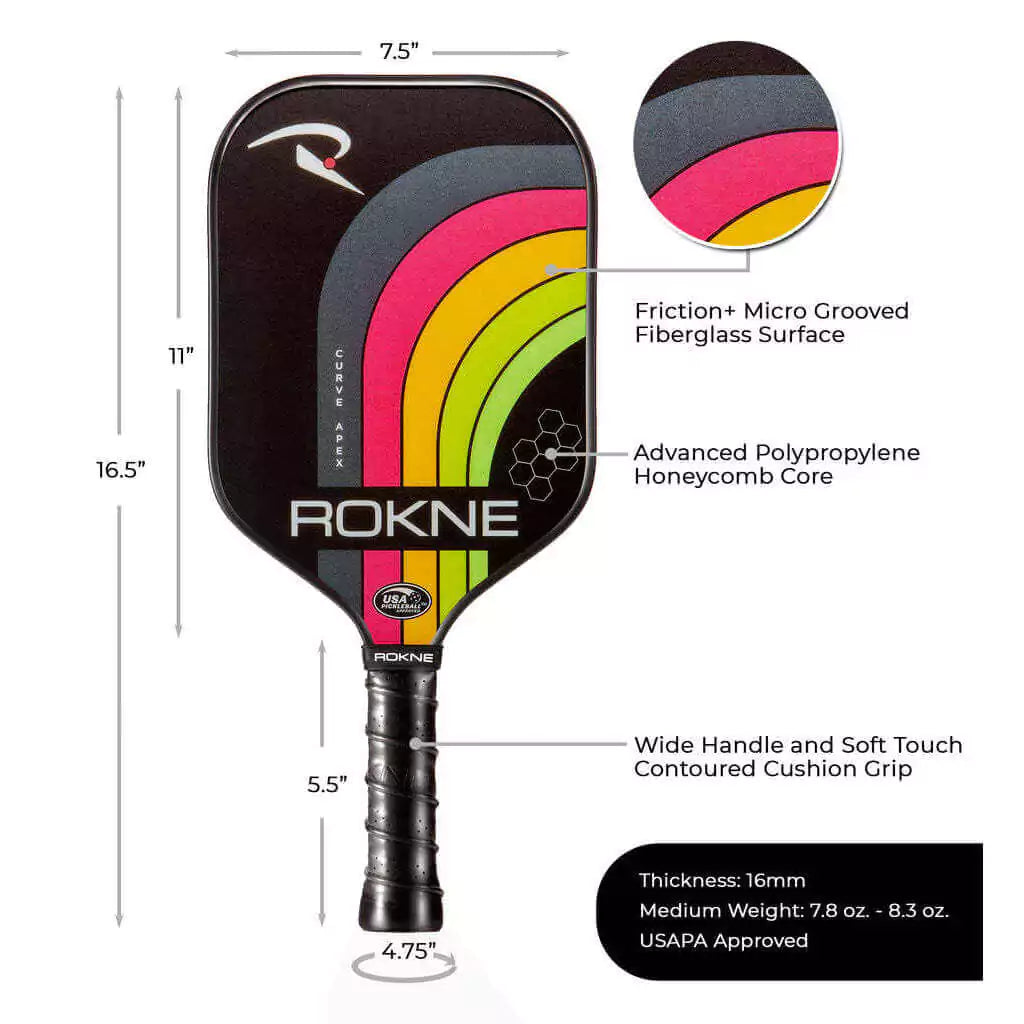 SPORT: PICKLEBALL. Shop Rokne Pickleball at iambeachtennis maimi Racket and Paddle Sports store. Racket model is a 2023 Rokne Curve Apex ELECTRIC CITRUS Pickleball Paddle/racket for beginner and intermediate players. Vertical view of Racquet/Paleta with paddle specifications.