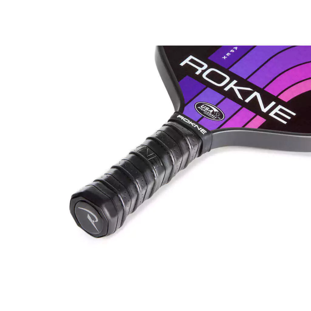 SPORT: PICKLEBALL. Shop Rokne Pickleball at iambeachtennis maimi Racket and Paddle Sports store. Racket model is a 2023 Rokne Curve Apex NORTHERN SKY Pickleball Paddle/racket for beginner and intermediate players. Neck and handle view of Racquet/Paleta.