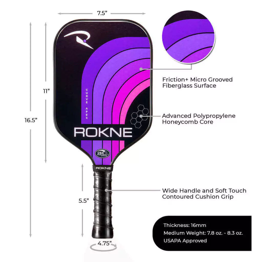 SPORT: PICKLEBALL. Shop Rokne Pickleball at iambeachtennis maimi Racket and Paddle Sports store. Racket model is a 2023 Rokne Curve Apex NORTHERN SKY Pickleball Paddle/racket for beginner and intermediate players. Vertical view of Racquet/Paleta with paddle specifications.
