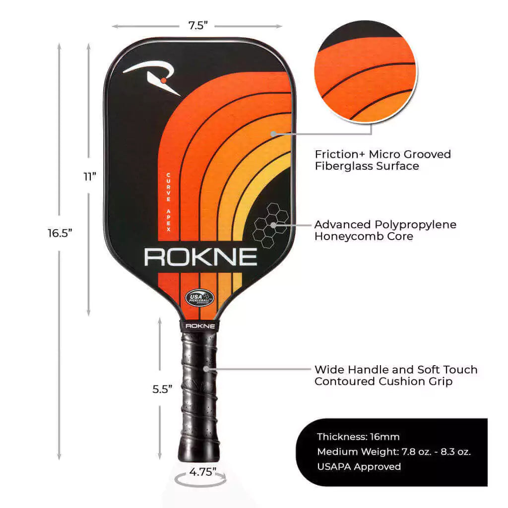 SPORT: PICKLEBALL. Shop Rokne Pickleball at iambeachtennis maimi Racket and Paddle Sports store. Racket model is a 2023 Rokne Curve Apex TANGERINE Pickleball Paddle/racket for beginner and intermediate players. Vertical view of Racquet/Paleta with paddle specifications.