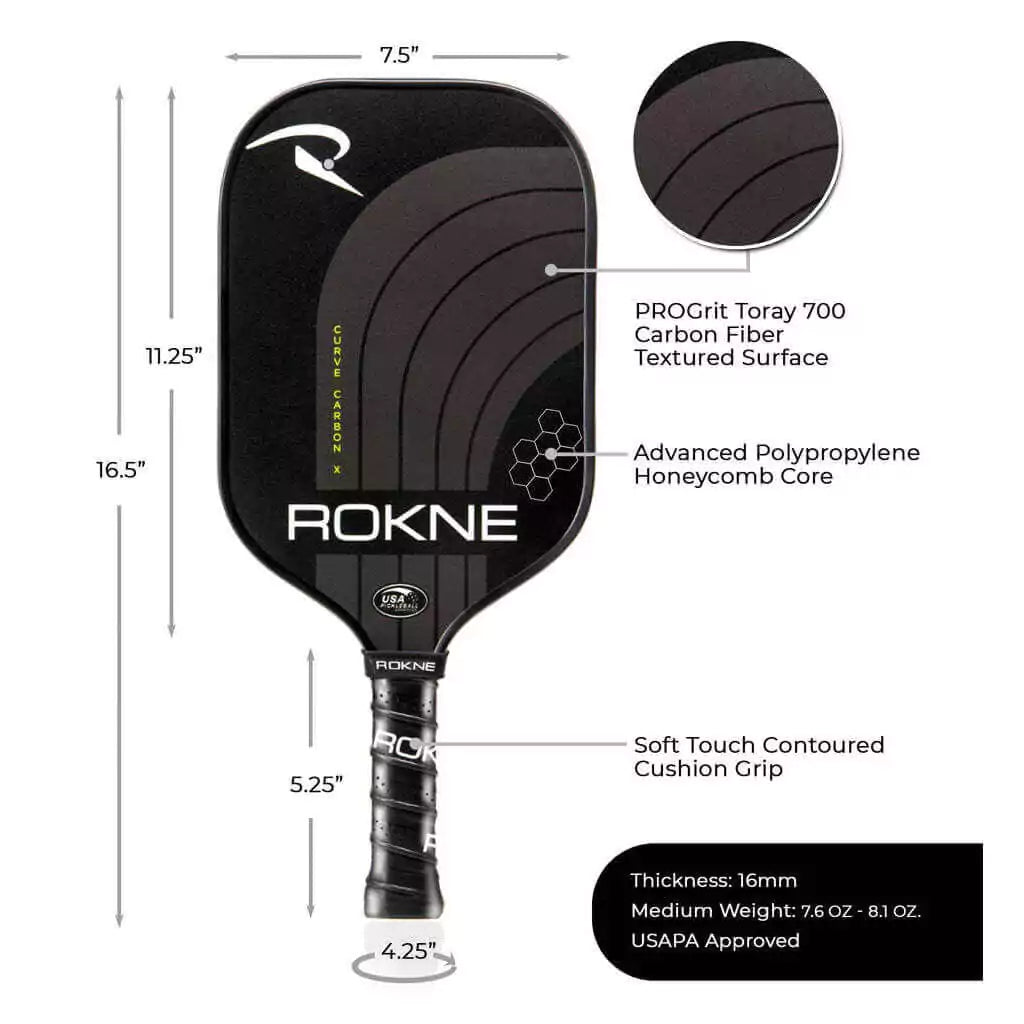 SPORT: PICKLEBALL. Shop Rokne Pickleball at iambeachtennis maimi Racket and Paddle Sports store. Racket model is a 2023 Rokne Curve Carbon x NIGHTFALL Pickleball Paddle/racket for advanced and professional players. Vertical view of Racquet/Paleta with paddle specifications.