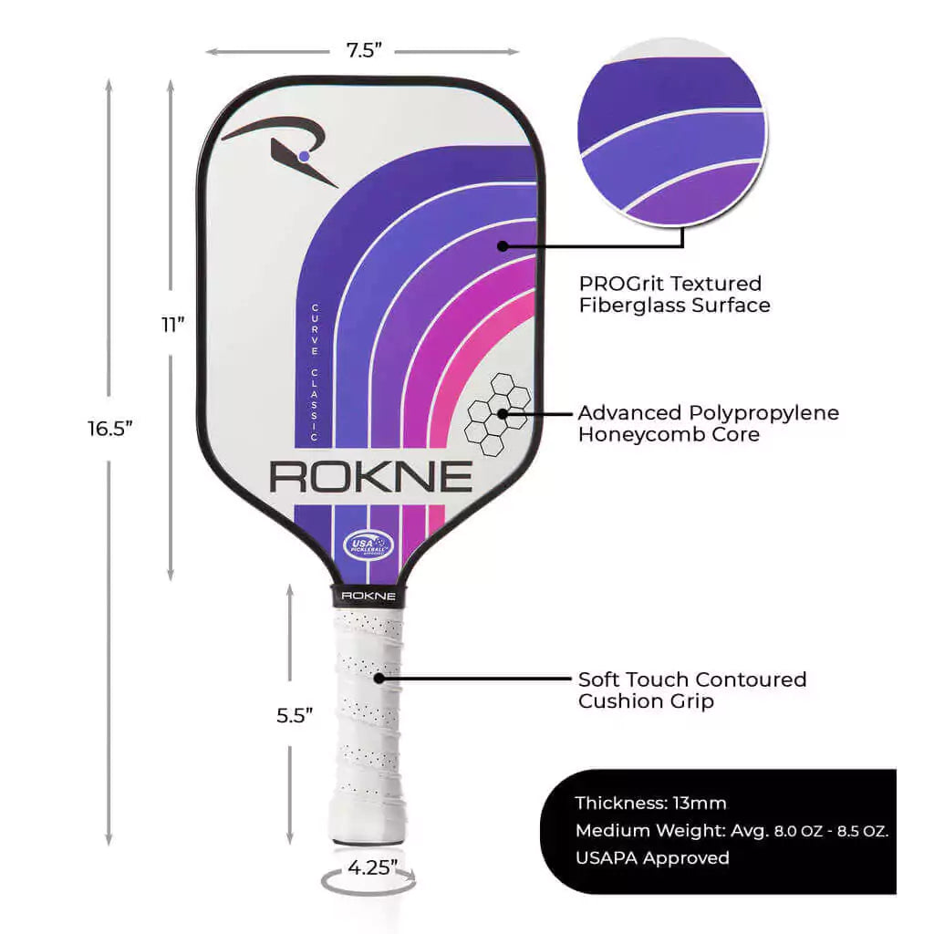 SPORT: PICKLEBALL. Shop Rokne Pickleball at iambeachtennis maimi Racket and Paddle Sports store. Racket model is a 2023 Rokne Curve Classic NORTHERN SKY Pickleball Paddle/racket for beginner and intermediate players. Vertical view of Racquet/Paleta with paddle specifications.