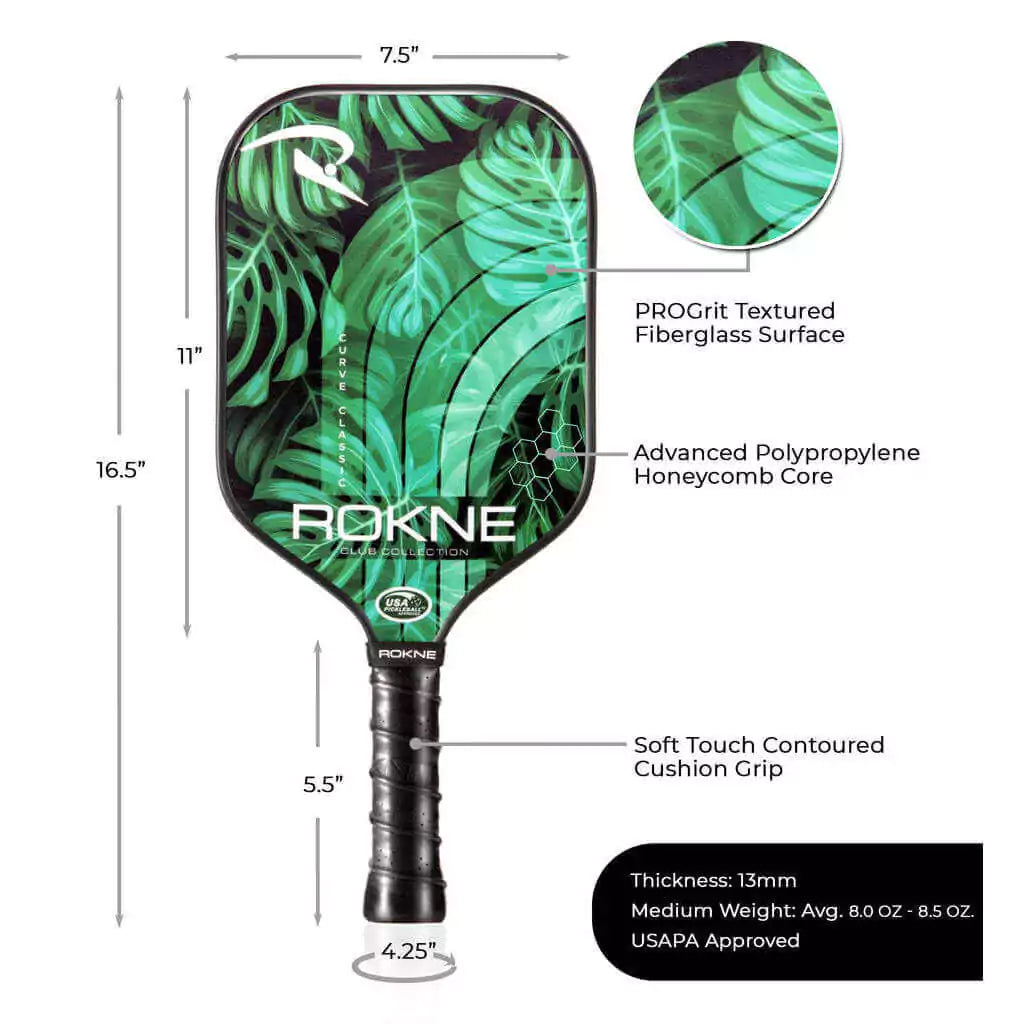 SPORT: PICKLEBALL. Shop Rokne Pickleball at iambeachtennis maimi Racket and Paddle Sports store. Racket model is a 2023 Rokne Curve Classic Club Collection PALM Pickleball Paddle/racket for beginner and intermediate players. Vertical view of Racquet/Paleta with paddle specifications.