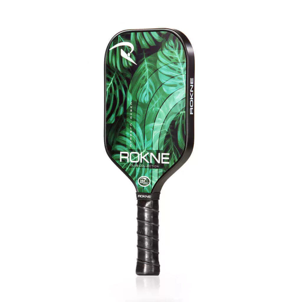 SPORT: PICKLEBALL. Shop Pickleball Paddles and Rackets at "iam-Pickleball.com" a division of "iamracketsports.com". Racket model is a 2023 Rokne Curve Classic Club Collection PALM  Pickleball Paddle/racket for beginner and intermediate players. Racquet/Paleta is in side vertical orientation.