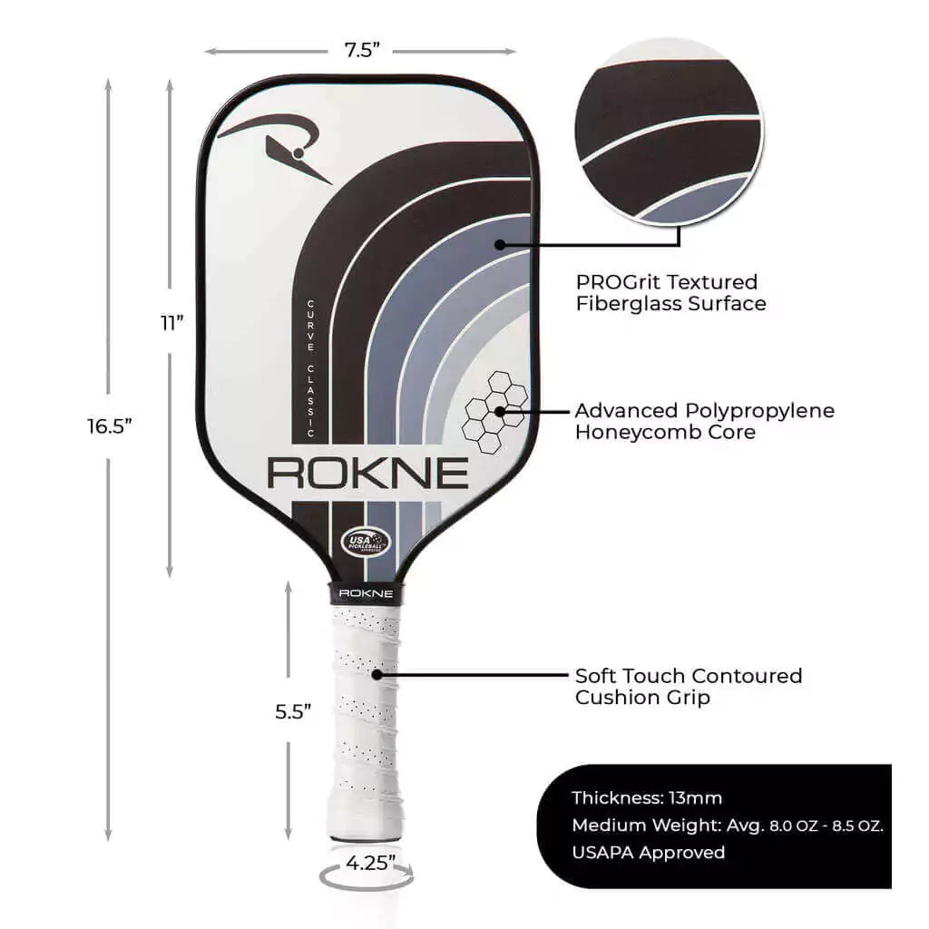 SPORT: PICKLEBALL. Shop Rokne Pickleball at iambeachtennis maimi Racket and Paddle Sports store. Racket model is a 2023 Rokne Curve Classic STORM Pickleball Paddle/racket for beginner and intermediate players. Vertical view of Racquet/Paleta with paddle specifications.