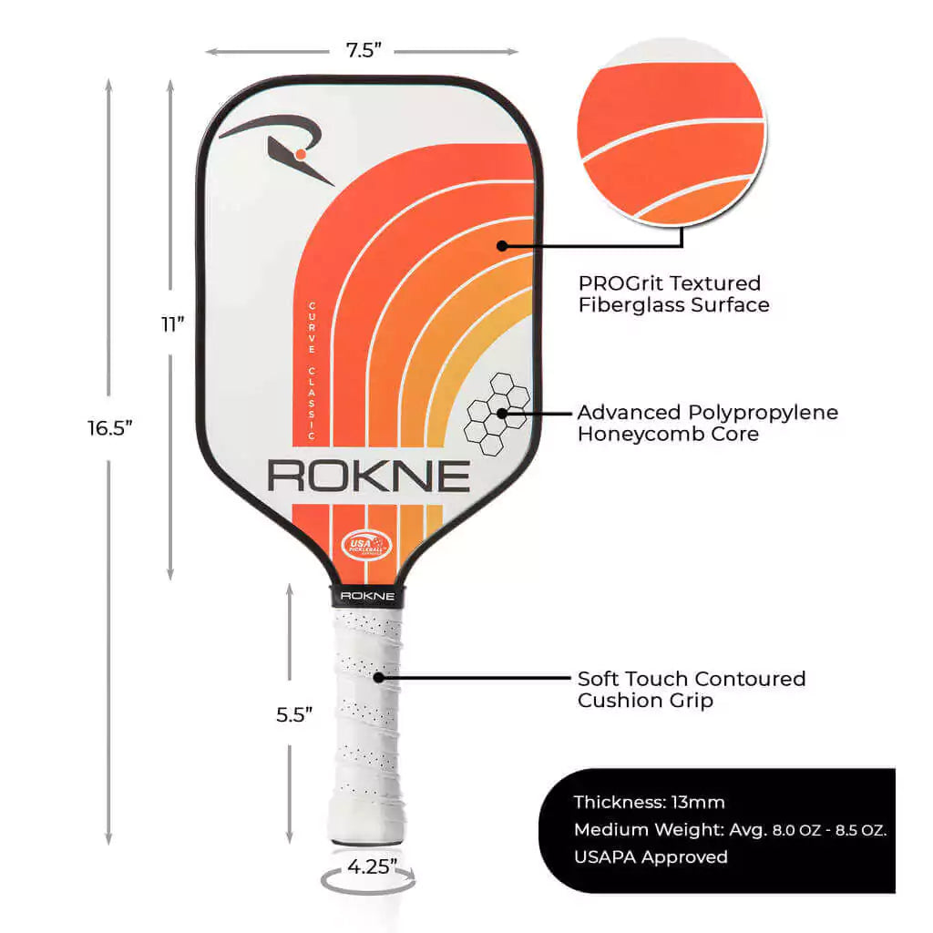 SPORT: PICKLEBALL. Shop Rokne Pickleball at iambeachtennis maimi Racket and Paddle Sports store. Racket model is a 2023 Rokne Curve Classic TANGERINE Pickleball Paddle/racket for beginner and intermediate players. Vertical view of Racquet/Paleta with paddle specifications.