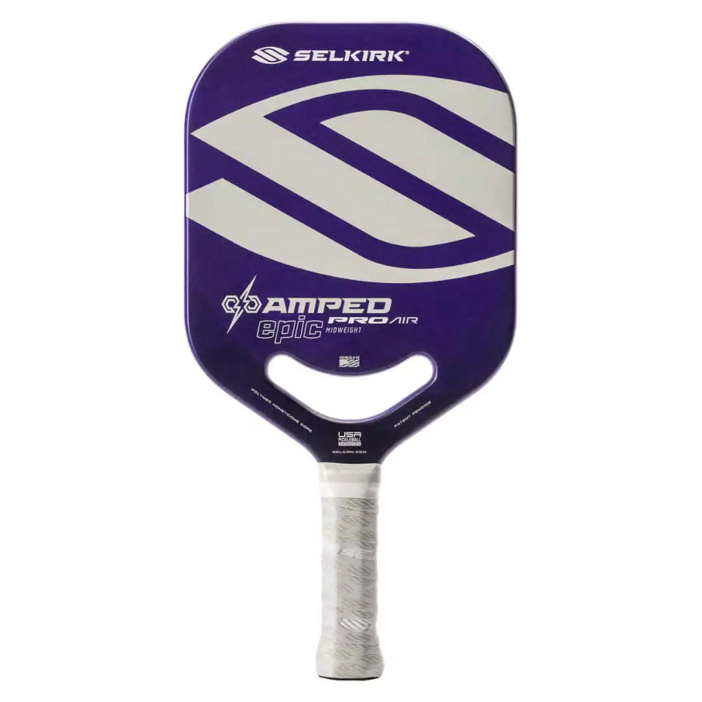 A purple Selkirk AMPED PRO AIR EPIC Pickleball Paddle, shop Selkirk at iamRacketSports.com, warehouse.