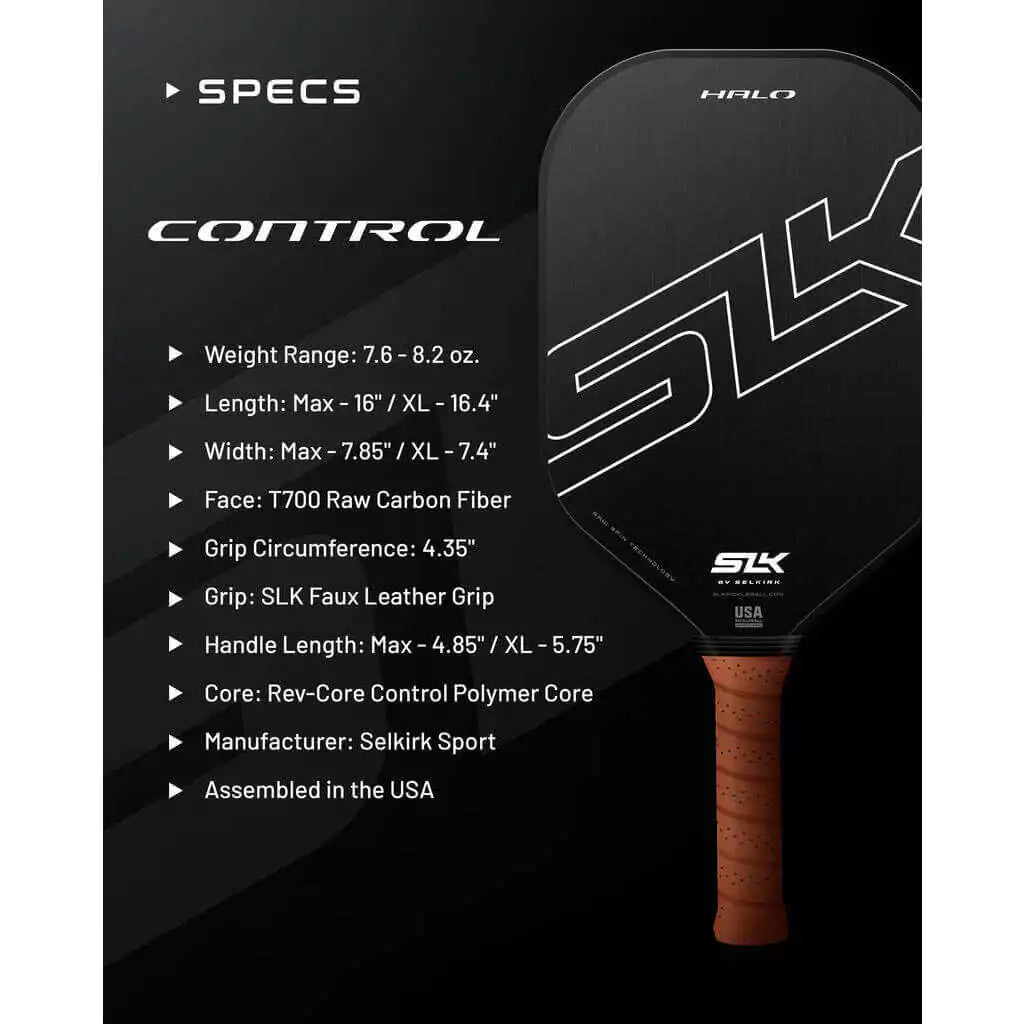 CONTROL XL Pickleball Paddle/racket for beginner to advanced/professional. Infographic view of Racquet/Paleta with paddle specifications.