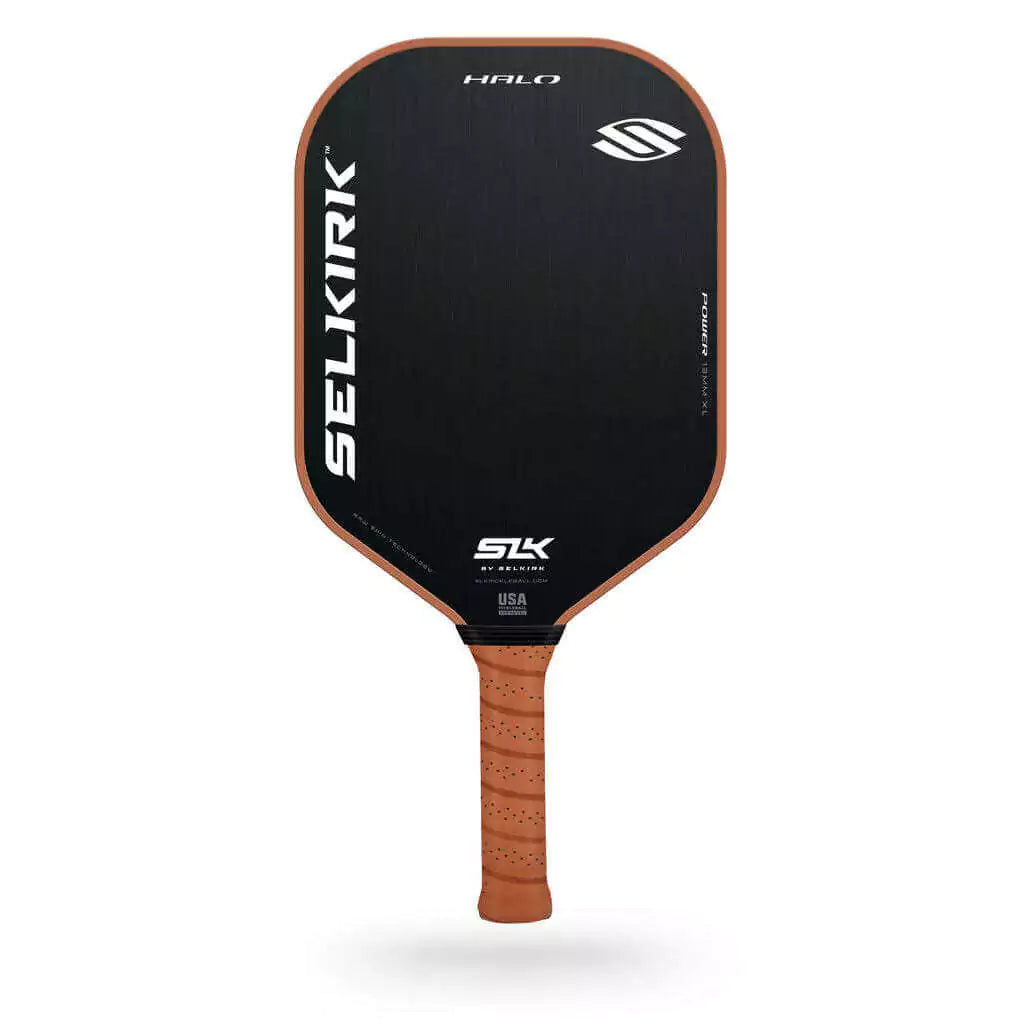 SPORT: PICKLEBALL. Shop Pickleball Paddles and Rackets at "iam-Pickleball.com" a division of "iamracketsports.com". Racket model is a 2023 Selkirk SLK HALO POWER MAX Pickleball Paddle/racket for beginner to advanced/professional players. Racquet/Paleta is in side vertical orientation. Front of Paddle.