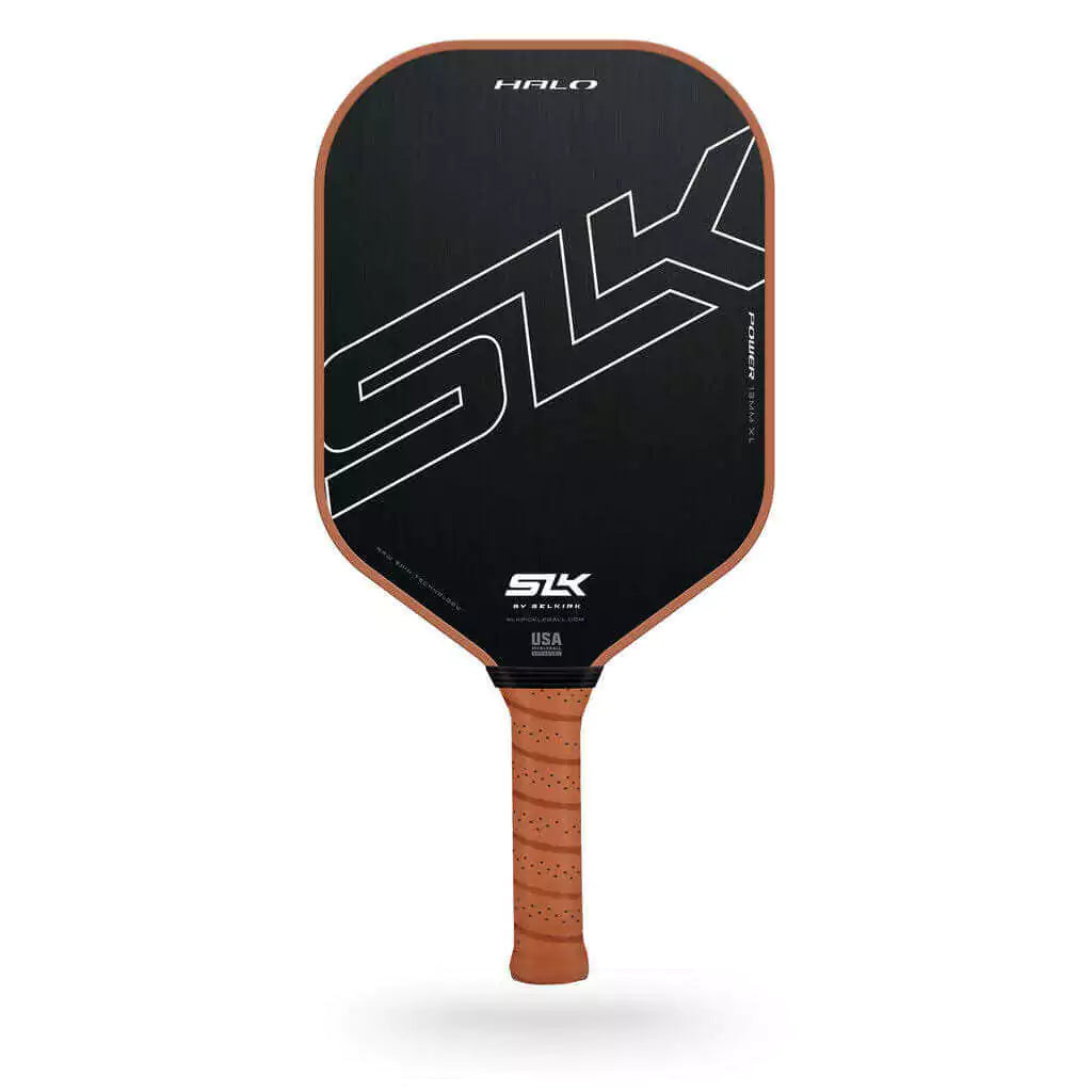 SPORT: PICKLEBALL. Shop Selkirk Sports Pickleball at iamRacketSports, Miami, Florida, USA. Racket model is a 2023 Selkirk SLK HALO POWER MAX Paddle/racket for beginner to advanced/professional. Racquet/Paleta is in side vertical orientation. Back of Paddle.