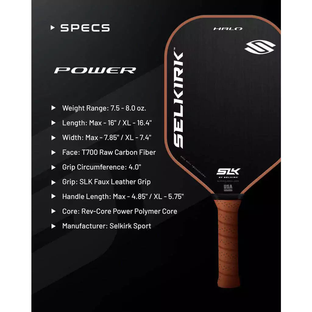 PORT: PICKLEBALL. Shop Selkirk Sports Pickleball at iambeachtennis maimi Racket and Paddle Sports store. Racket model is a 2023 Selkirk SLK HALO POWER XL Pickleball Paddle/racket for beginner to advanced/professional. Infographic view of Racquet/Paleta with paddle specifications.