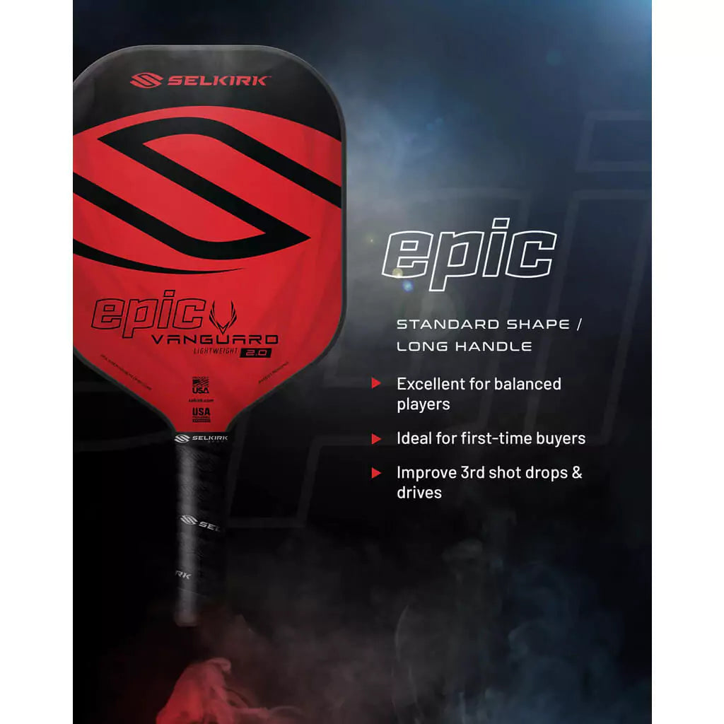 SPORT: PICKLEBALL. Shop Selkirk Sports Pickleball at iambeachtennis maimi Racket and Paddle Sports store. Racket model is a 2023 Selkirk Vanguard 2.0 EPIC Pickleball Paddle/racket for beginner to advanced/professional. Infographic view of Racquet/Paleta with paddle specifications.