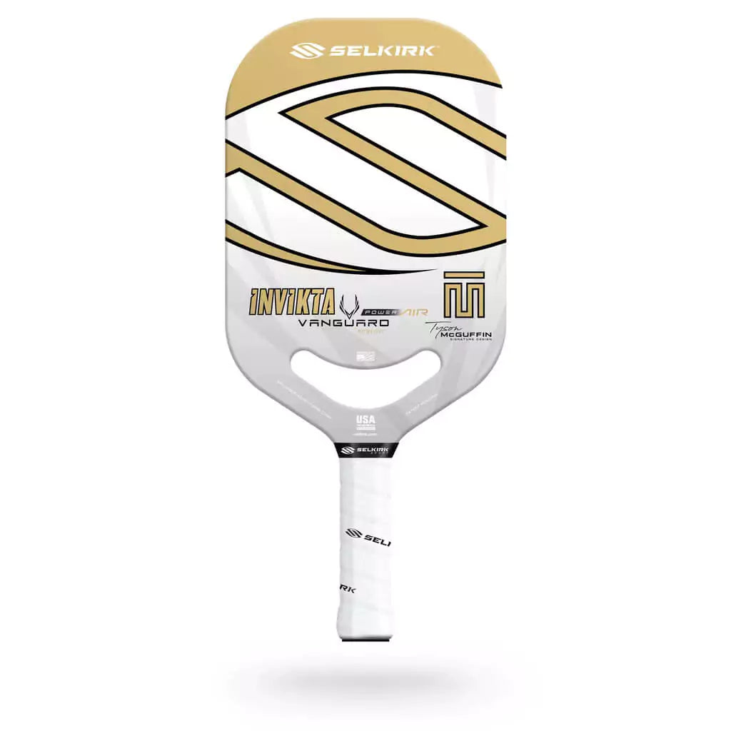 SPORT: PICKLEBALL. Shop Pickleball Paddles and Rackets at "iam-Pickleball.com" a division of "iamracketsports.com". Racket model is a 2023 Selkirk Vanguard Power Air Invikta Pickleball Paddle/racket for beginner to advanced/professional players. Racquet/Paleta is in side vertical orientation.  Tyson McGuffin Paddle color.