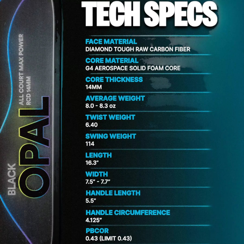 Info-graphic describing the technical characteristics of the Six Zero BLACK OPAL 14mm Pickleball Paddle,  available from IamRacketsports.com, online and in-store, Miami USA, worldwide shipping.