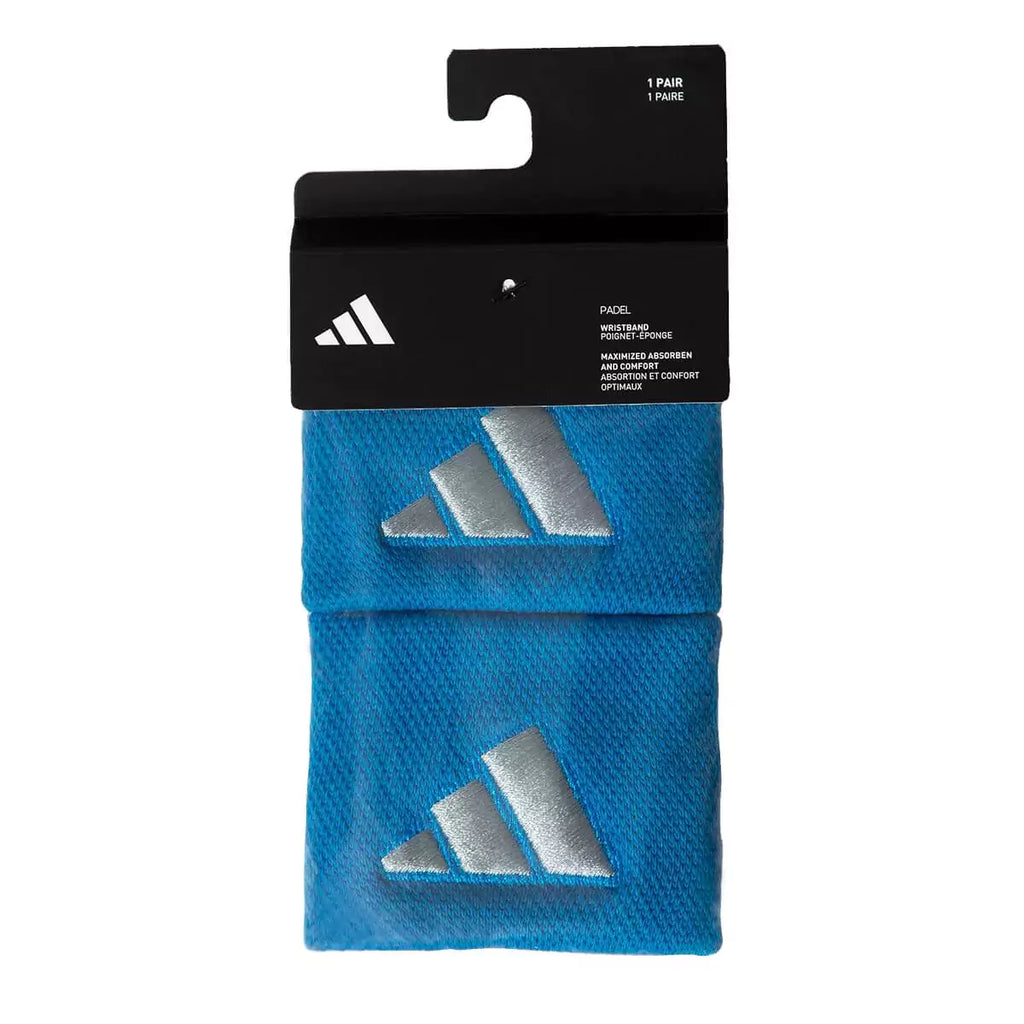 Shop Adidas at iamPickleball.store. Packaged pair of blue Adidas terry cuff Wristbands , material cotton, polyester,  size small.