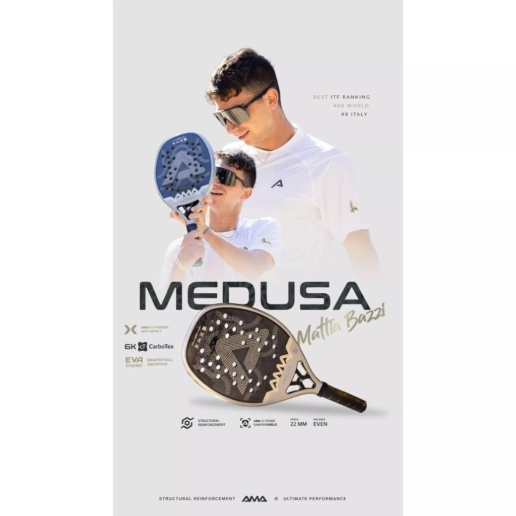 A poster showing Matta Bazzi with a A AMA Sport MEDUSA Matta Bazzi Beach Tennis Racket, available from 
IamBeachTennis.com, online and in-store, Miami USA, worldwide shipping.