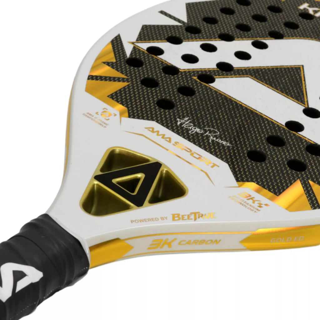 Racket face of an AMA Sport KRONOS WHITE TITANIUM Hugo Russo Beach Tennis Racket, available from IamBeachTennis.com, online and in-store, Miami USA, worldwide shipping.