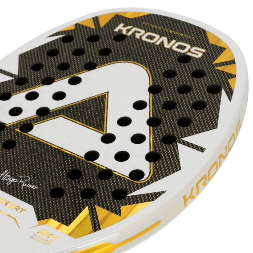 Racket face of an AMA Sport KRONOS WHITE TITANIUM Hugo Russo Beach Tennis Racket, available from IamBeachTennis.com, online and in-store, Miami USA, worldwide shipping.