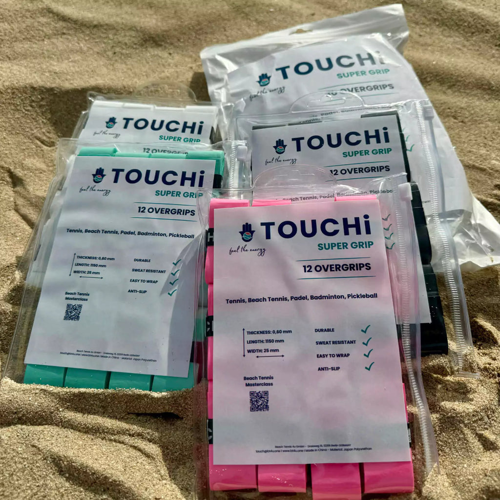 Shop BT4U Brand at "iamBeachTennis.com" a division of "iamracketsports.com".  Packs of black BT4U Brand Touchi Super Grip's as used and designed by professional Beach Tennis players Maraike Biglmaier and Margie Pelster. 