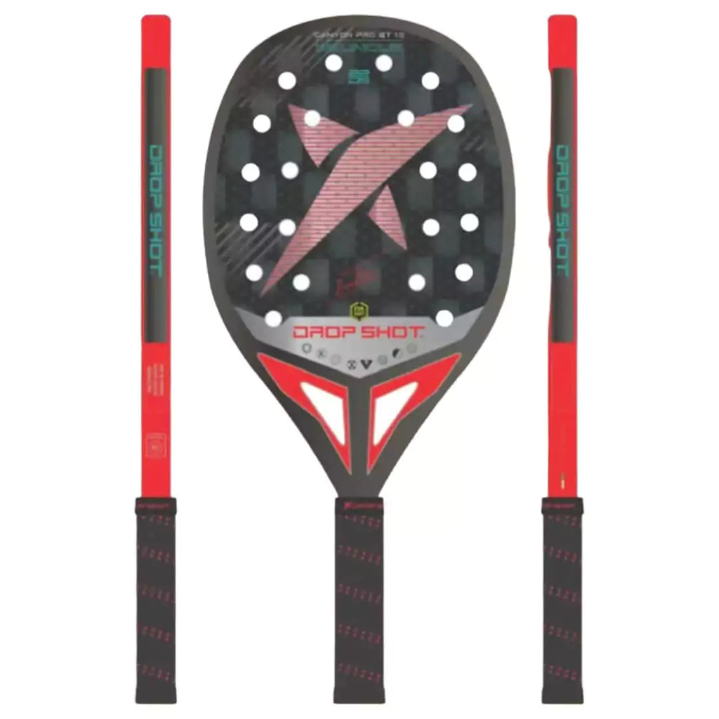 A graphic of a Nikita Burmakin signature Drop Shot CANYON PRO 1.0 BT 2024 Racket, in face on and side on position. Shop for at iamBeachTennis.com.