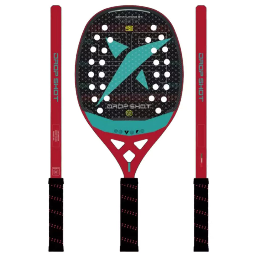 A side horizontally presented view of the  Drop Shot CENTAURO 5.0 BT 2024 Beach Tennis Paddle, iamRacketSports.com, store stocked product. Partial view of racket.