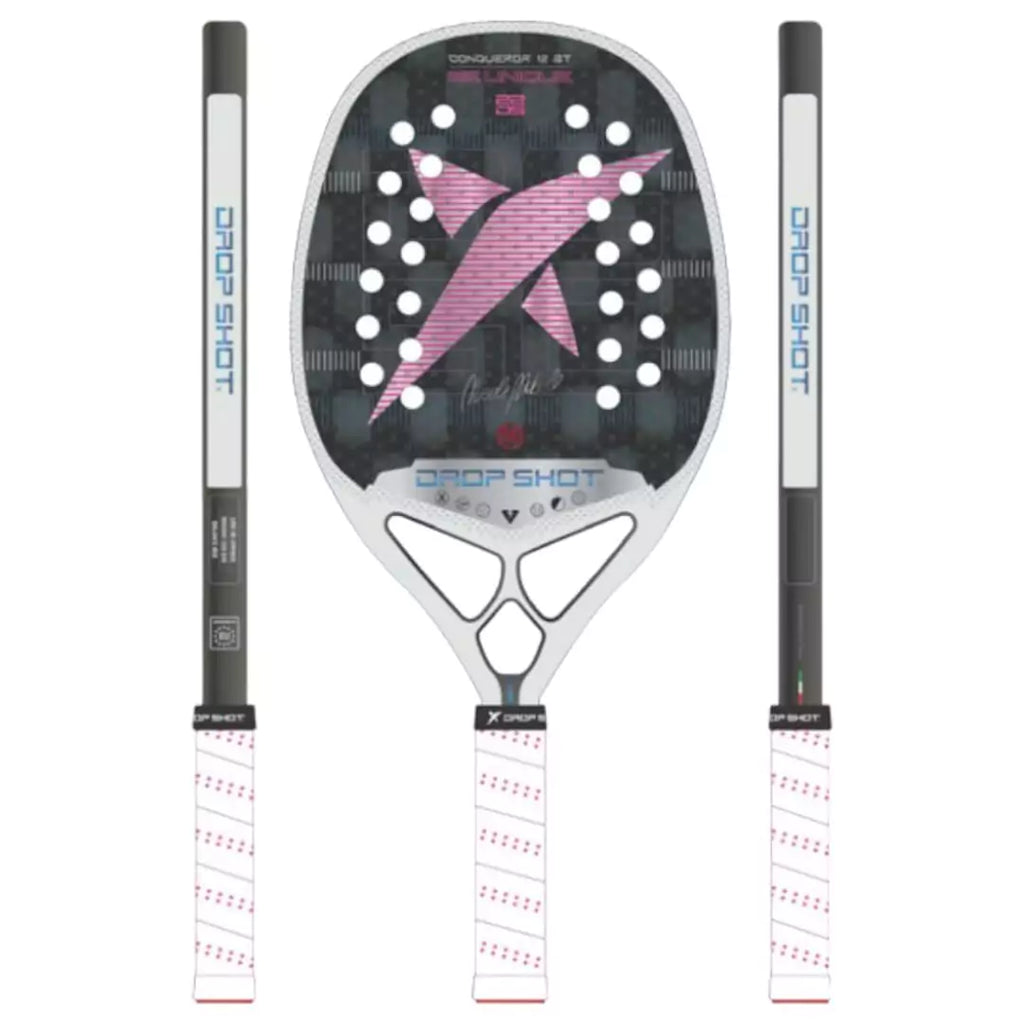 A graphic of a Drop Shot CONQUEROR 12 BT 2024 Nicole Nobile signature, Beach Tennis racket, in face on and side on position. Shop for at iamBeachTennis.com.