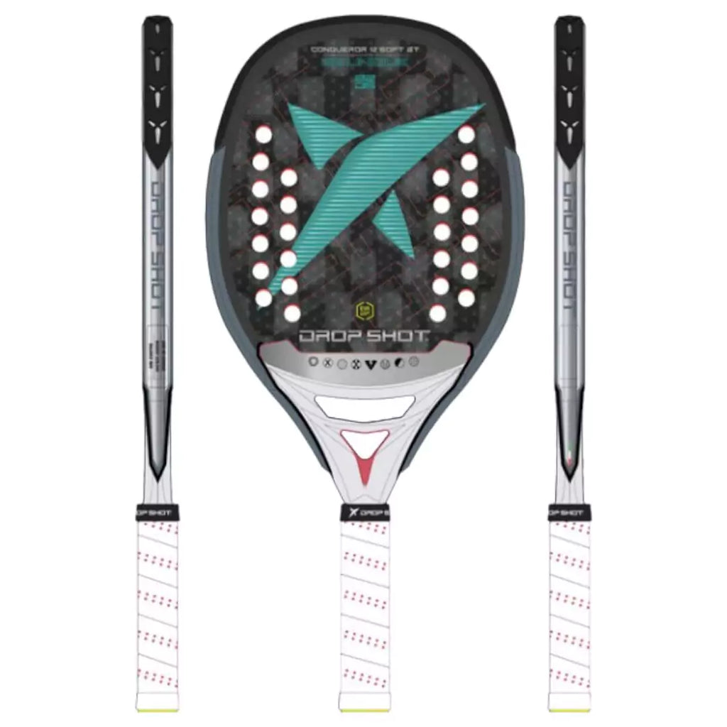 A graphic of a  Drop Shot CONQUEROR SOFT BT 2024 Beach Tennis Paddle,  displayed face on and in side on profile. Available at iamBeachTennis.com.