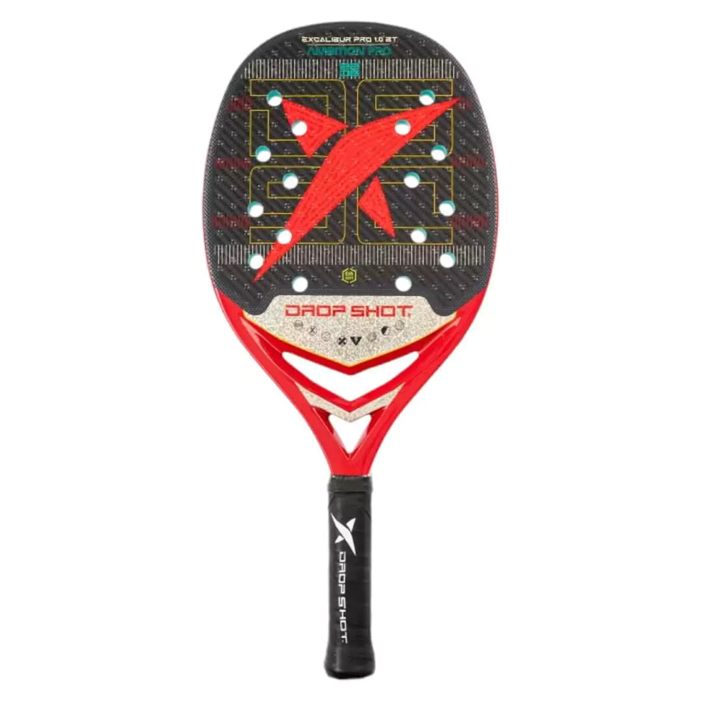 A graphic of a  Drop Shot EXCALIBUR PRO 1.0 BT 2024 Beach Tennis Paddle,  displayed face on and in side on profile. Available at iamBeachTennis.com.