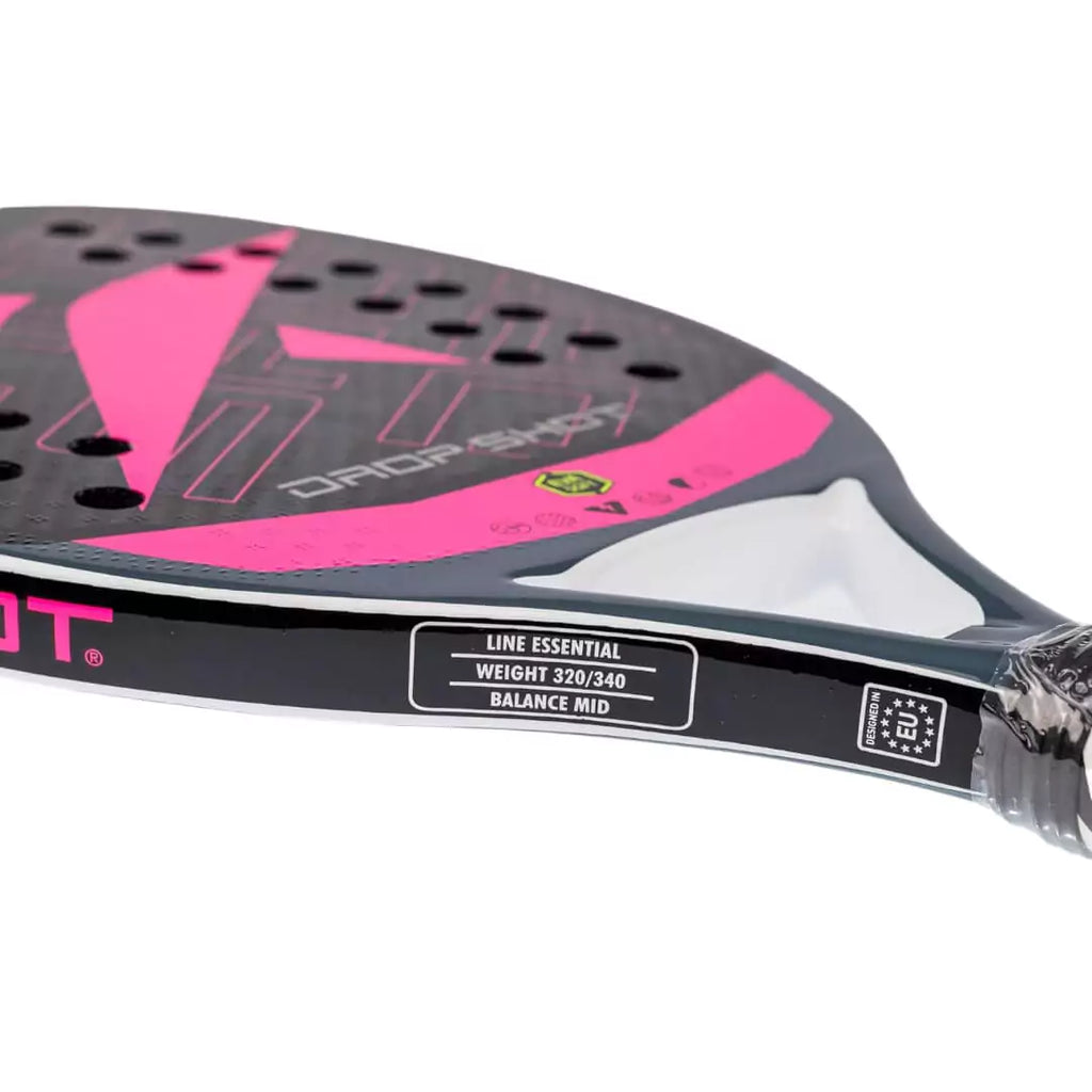 A side profile of the IamBeachTennis.com, Miami store stocked Drop Shot EXPLORER 5.0 BT 2024 Beach Tennis Paddle with Eva Soft Low density core, Carbon frame, 22mm thickness, 320-340 grams, mid balance. 