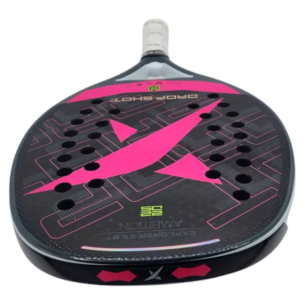 A top edge prespective of a Drop Shot EXPLORER 5.0 BT 2024 Beach Tennis Paddle, iamRacketSports.com store stocked product.