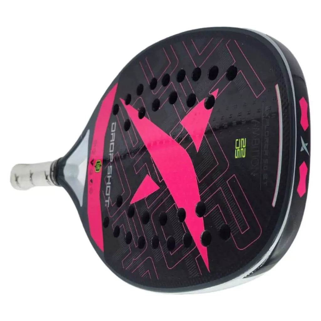A side horizontally presented view of the  Drop Shot EXPLORER 5.0 BT 2024 Beach Tennis Paddle, iamRacketSports.com, store stocked product.